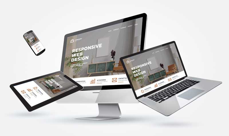 A desktop, laptop, tablet, and smartphone display the same website, showing how a Digital Marketing Agency Surrey creates responsive web design. All screens feature a modern site with “Responsive Web Design” on a light background.