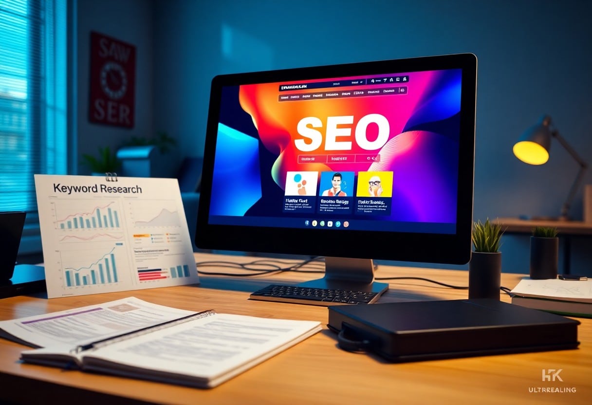 A computer monitor displays a colorful SEO dashboard on a wooden desk, surrounded by keyword research charts and notebooks, showcasing the expertise of a Surrey SEO Agency in a brightly lit modern office.