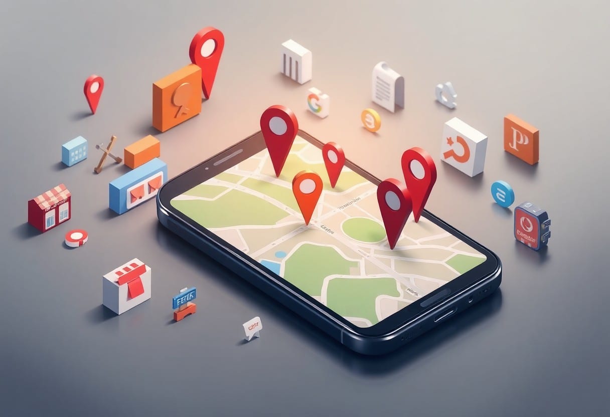 A smartphone displays a digital map with red location pins, surrounded by floating 3D app icons and miniature buildings, symbolizing navigation, mobile apps, and the local expertise of a Surrey SEO Agency.