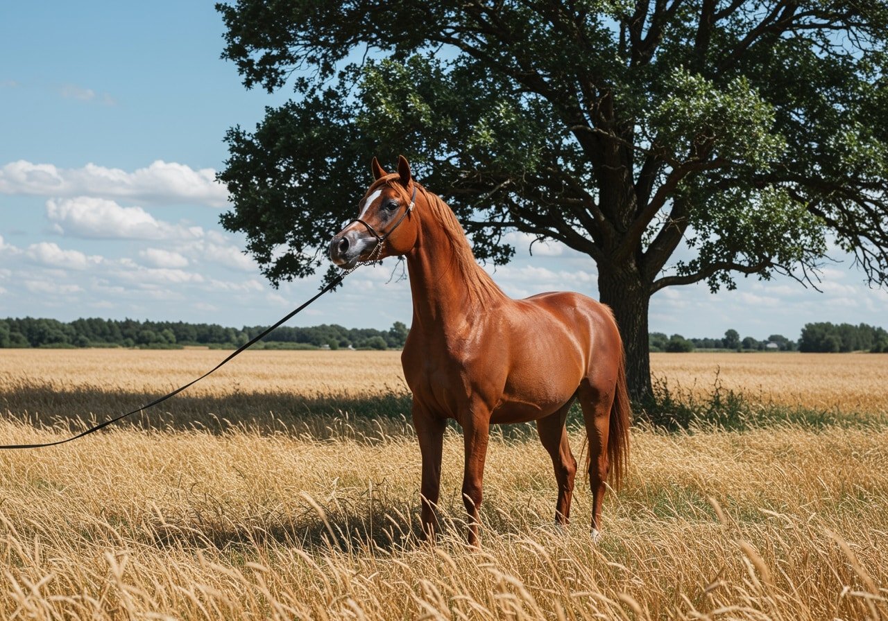 A chestnut horse stands on a lead in a grassy field with a large tree and blue sky in the background