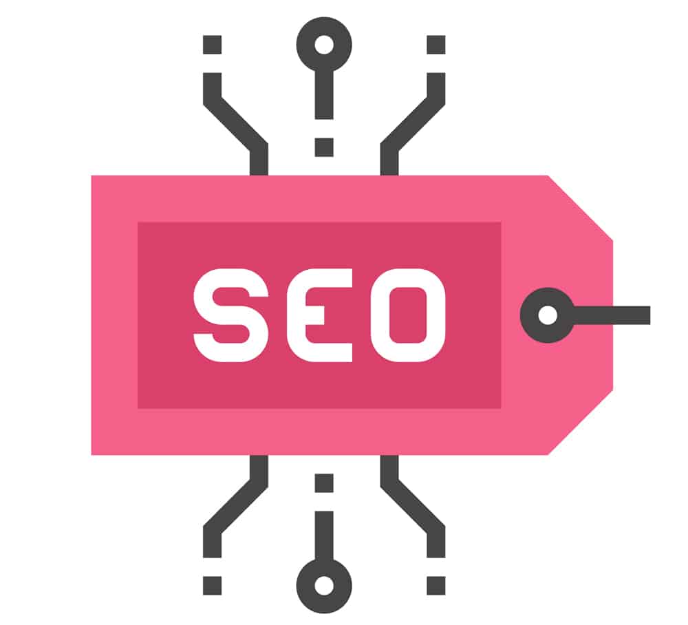 A pink price tag with the word SEO in white letters is surrounded by black circuit-like lines, symbolizing the connection between SEO meta tags, best practices, and modern digital networks.