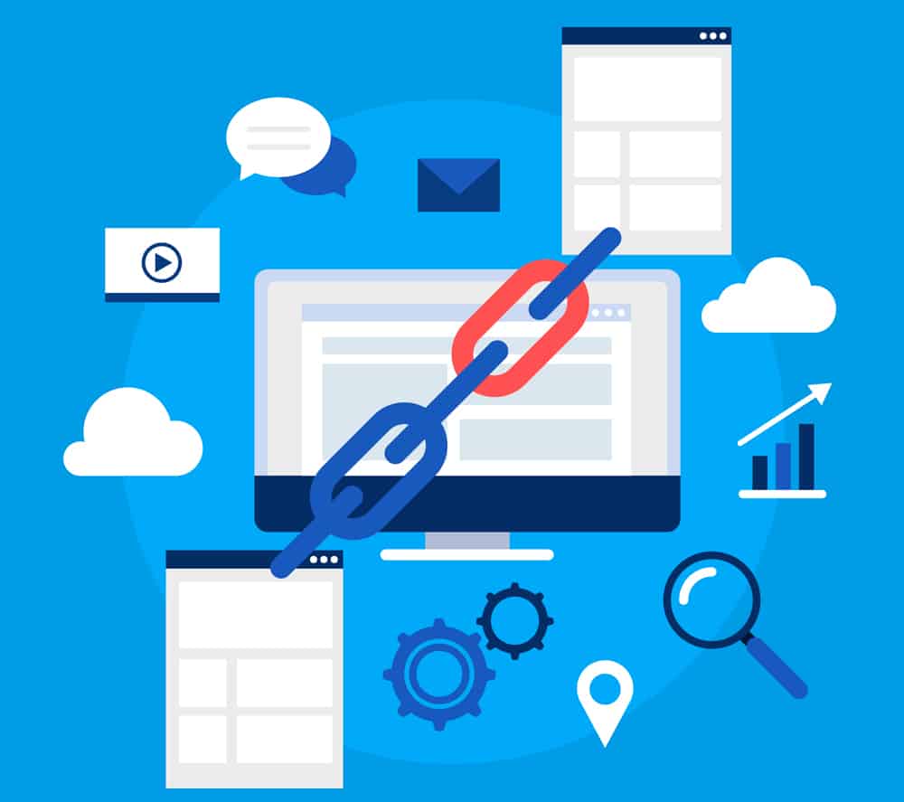 Illustration of a computer monitor surrounded by web pages, gears, a magnifying glass, a graph, and cloud icons—with a large chain link symbolizing online connectivity or SEO link building, highlighting the importance of anchor texts to optimize your Anchor SEO strategy.