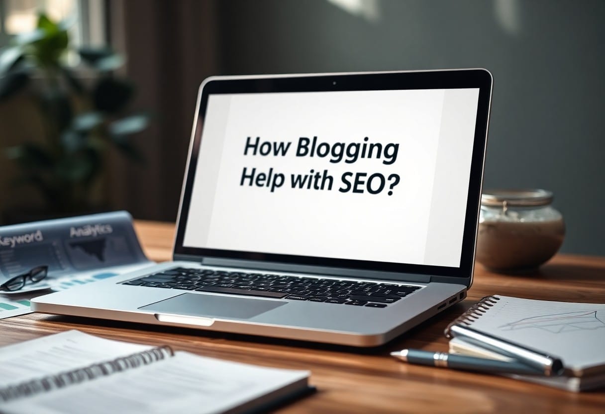 A laptop on a wooden desk displays the text How Blogging Help with SEO? on its screen. The desk also has a notebook, a pen, some papers, and a small potted plant in the background.