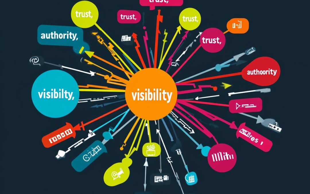 A colorful infographic with a central visibility circle, surrounded by arrows leading to smaller circles labeled trust, authority, traffic, and sales—demonstrating how SEO citations boost each area through clear icons and connecting lines.