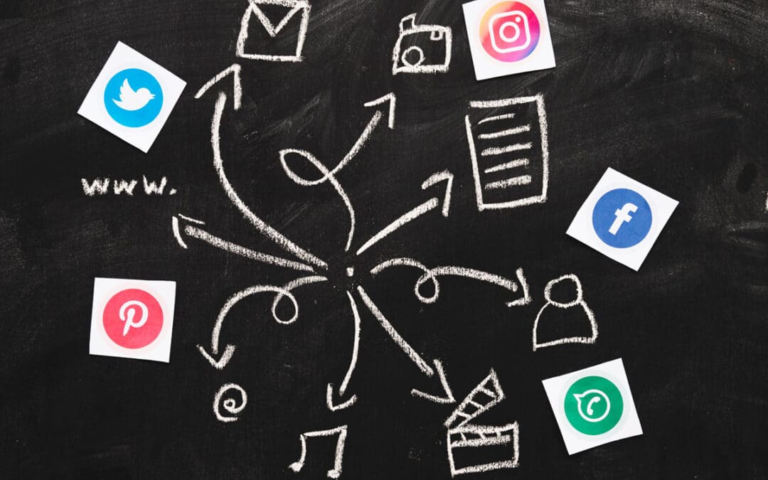 A blackboard with chalk drawings of arrows connecting icons representing popular social media platforms illustrates a Social Media Strategy ideal for any Small Business, featuring Twitter, Instagram, Facebook, Pinterest, WhatsApp, and various media symbols.