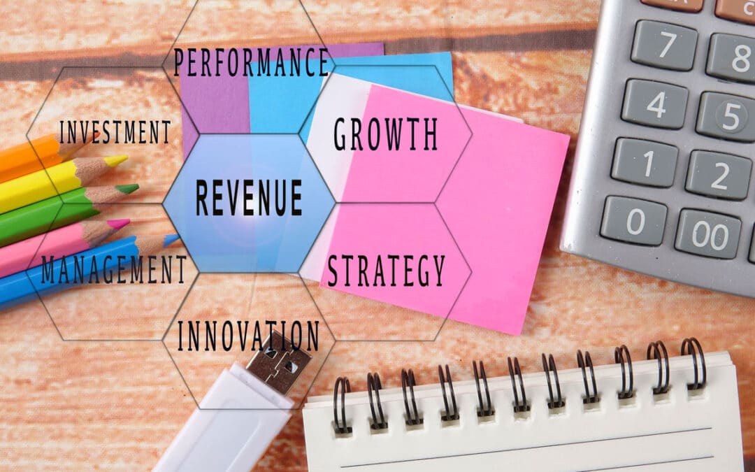 Hexagons labeled “REVENUE,” “PERFORMANCE,” “GROWTH,” “STRATEGY,” and more highlight sustainable strategies for business growth over a desk with colored pencils, sticky notes, a calculator, notepad, and USB drive.