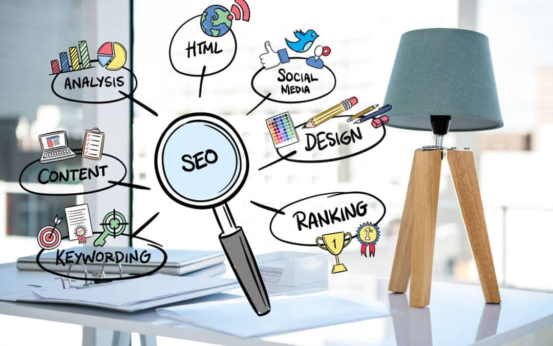 A workspace with a lamp and documents, overlaid with illustrated icons and keywords such as HTML, Social Media, Design, Ranking, Keywording, Content, and Analysis—all connected by arrows to a magnifying glass labeled effective SEO for small business.