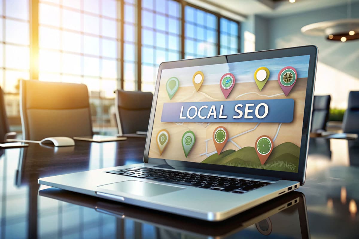 A laptop on a conference table displays a map with colorful location pins and the words LOCAL SEO, capturing the expertise of a local SEO consultant in a bright, modern office with large windows and empty chairs.