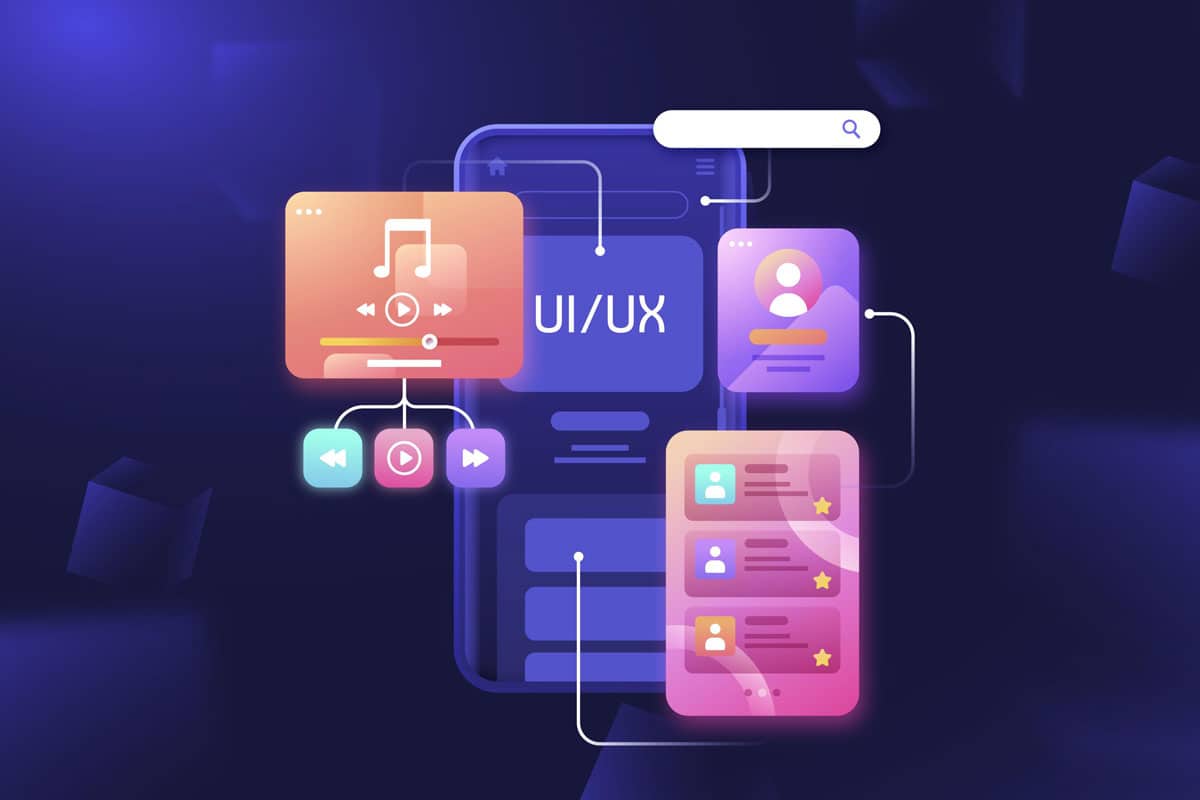 An abstract illustration of a mobile User Interface and User Experience design concept with glowing icons, music player controls, user profile, and chat/message windows connected by lines on a dark background highlights the difference between UI and UX elements.