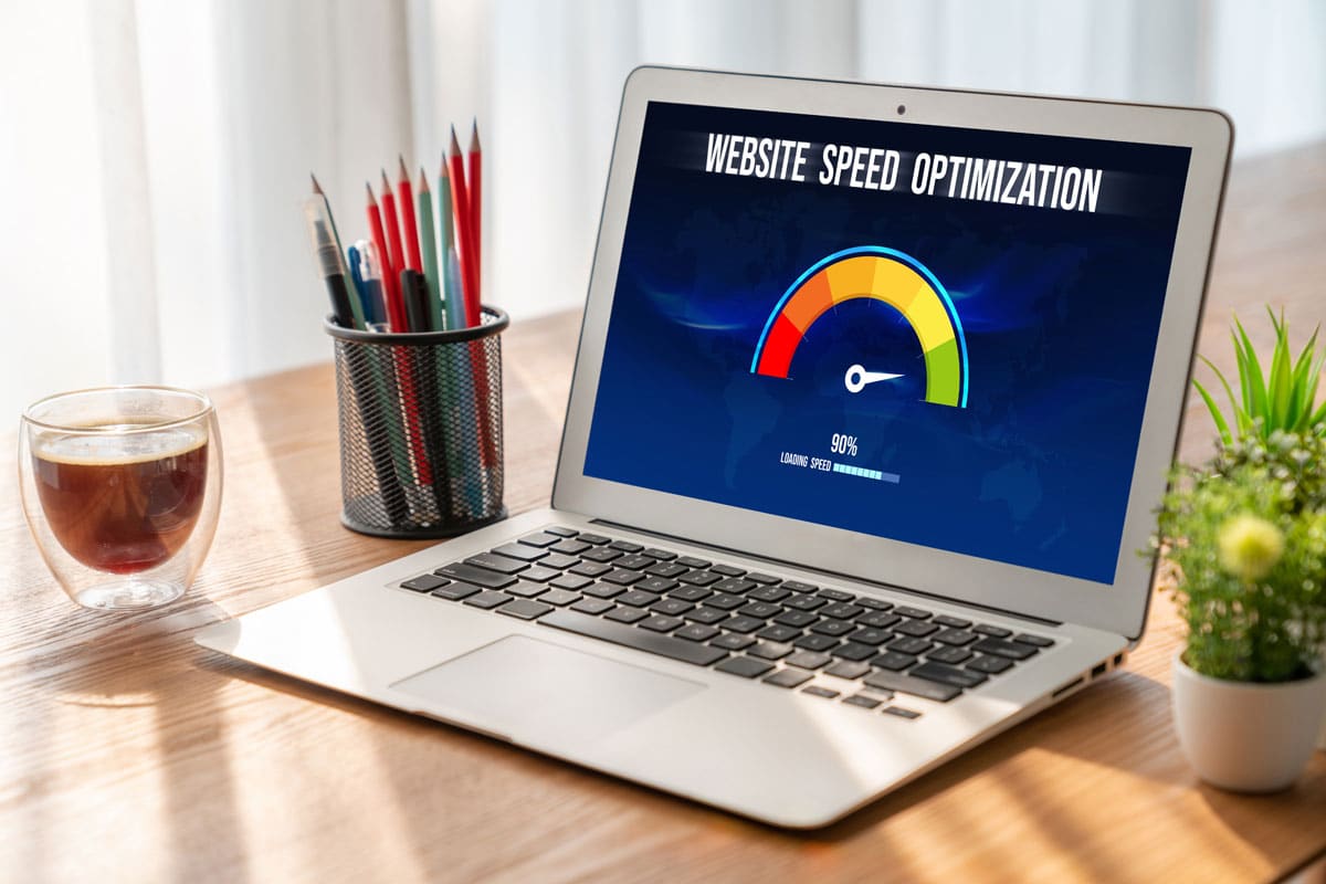 A laptop on a wooden desk displays a website performance optimization screen showing a gauge at 90%. Nearby are a cup of coffee, a plant, and colored pencils. Sunlight streams through blinds in the background.