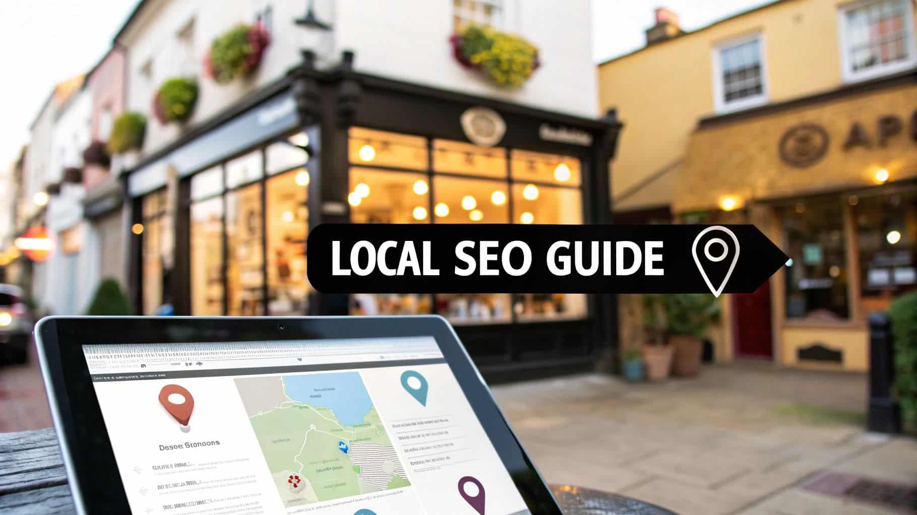 A laptop displaying a map with location markers sits on an outdoor table in front of a row of shops. A sign reading LOCAL SEO GUIDE with a map pin icon is overlaid on the image.